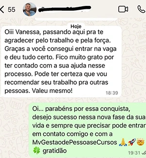 Aluno agradece após entrar na vaga e recomenda o trabalho da MV